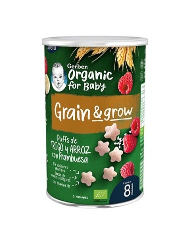 Gerber Snacks cereales Puffs Trigo y Arroz con Frambuesa orgánico 35grs