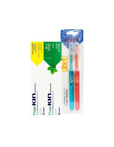 Kin Fluor Anticaries Pasta Dentífrica Menta Fresca Duplo 2x125ml + Cepillo Dental Medio Duplo